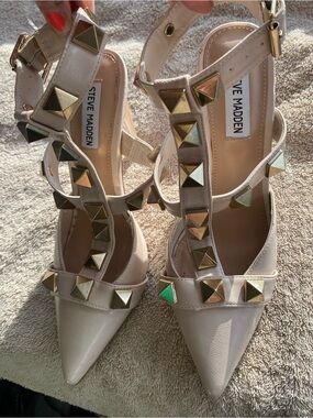 Steve Madden Audra Studded Pointed Toe Strappy Heels - Bone / Beige 8